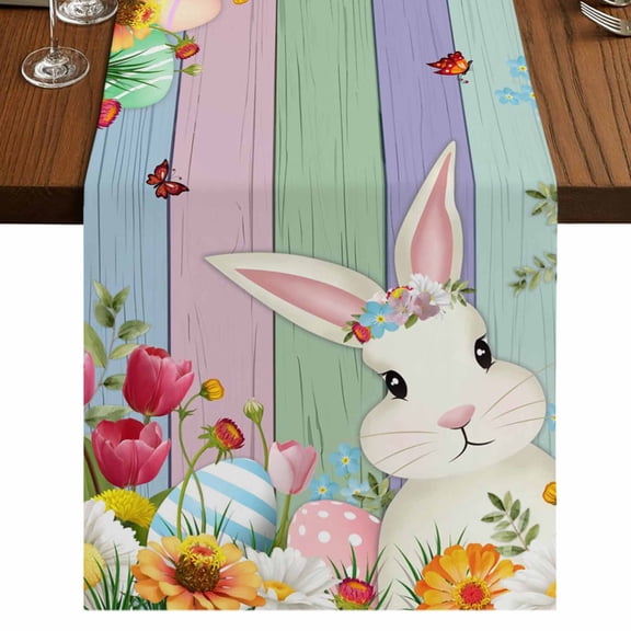 Table Runners 70 Inches Long Dress Scarves, Easter Bunny Farmhouse Coffee/Dining/Kitchen Table Decor, Holiday Table Runner, Farmhouse Watercolor Eggs Tulip Wood Grain 13x70 Inch