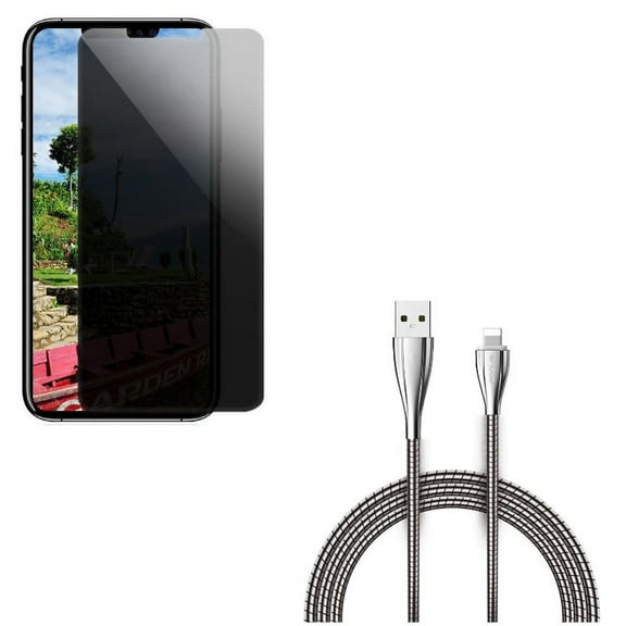 Metal USB Cable w Privacy Screen Protector for iPhone XR - 6ft Charger Cord Power Wire, Tempered Glass Curved Anti-Spy Anti-Peep