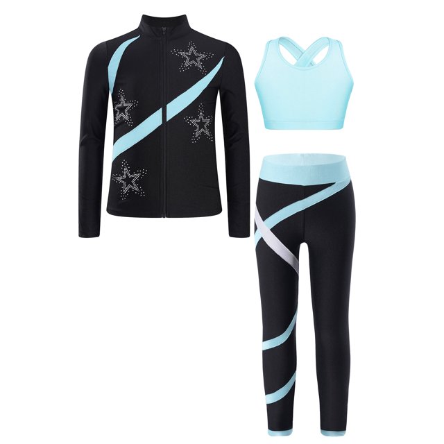 Jhaoyu Girls 3 Piece Figure Skating Outfits Zipper Jacket with Crop Tank Tops And Gymnastics Leggings Set Light Blue 16