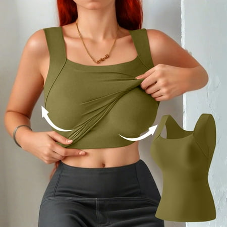 High Neck Tank Tops for Women Built In Bra High Neck Seamless Compression Top Breathable Sports Camisole Babydoll Yoga Shapewear Green M