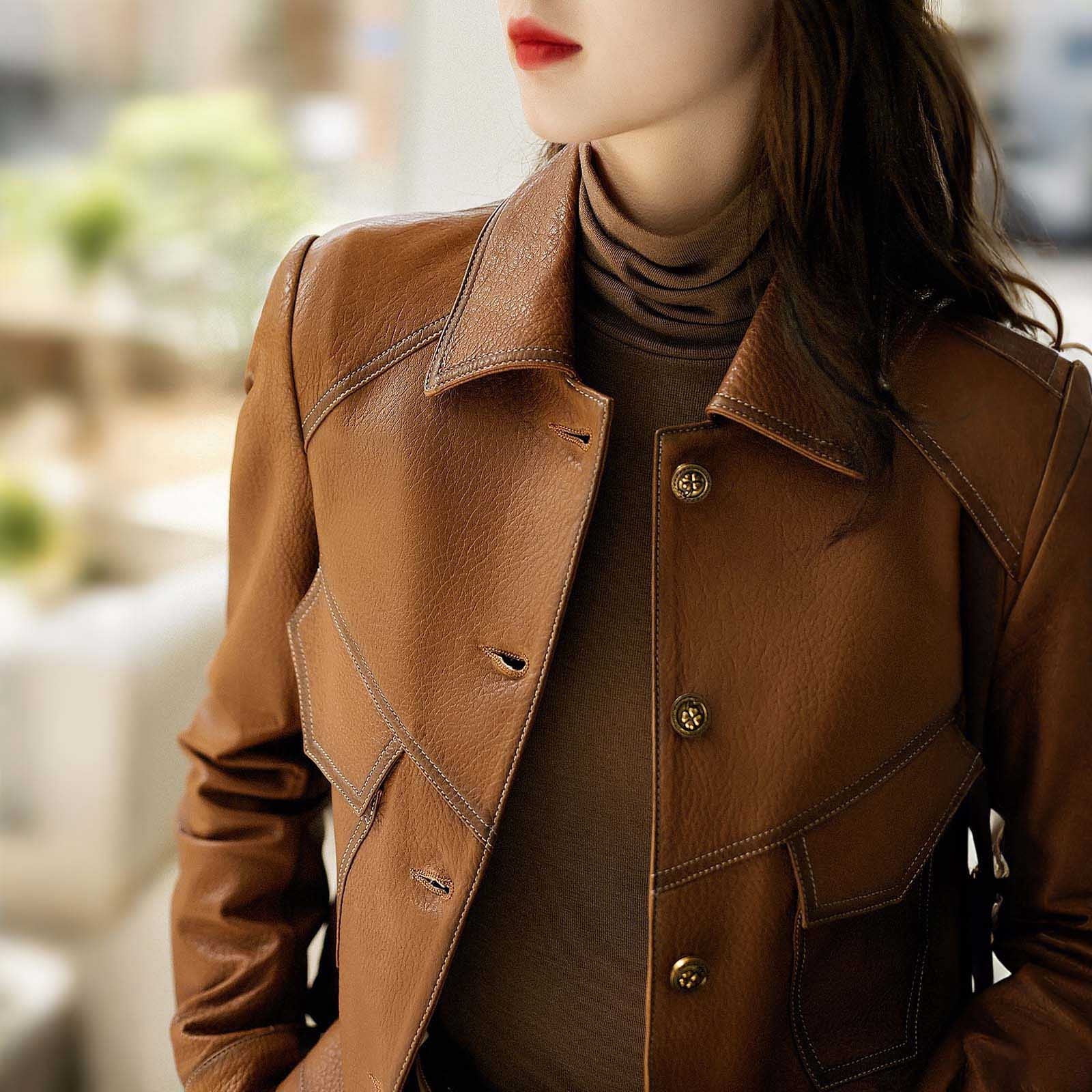 TKLPEHG Leather Jacket Women Cropped Vintage Faux Leather Jackets Long Sleeve Button Lapel Coats Spring Fall Fashion Coats (Brown,XXXL)