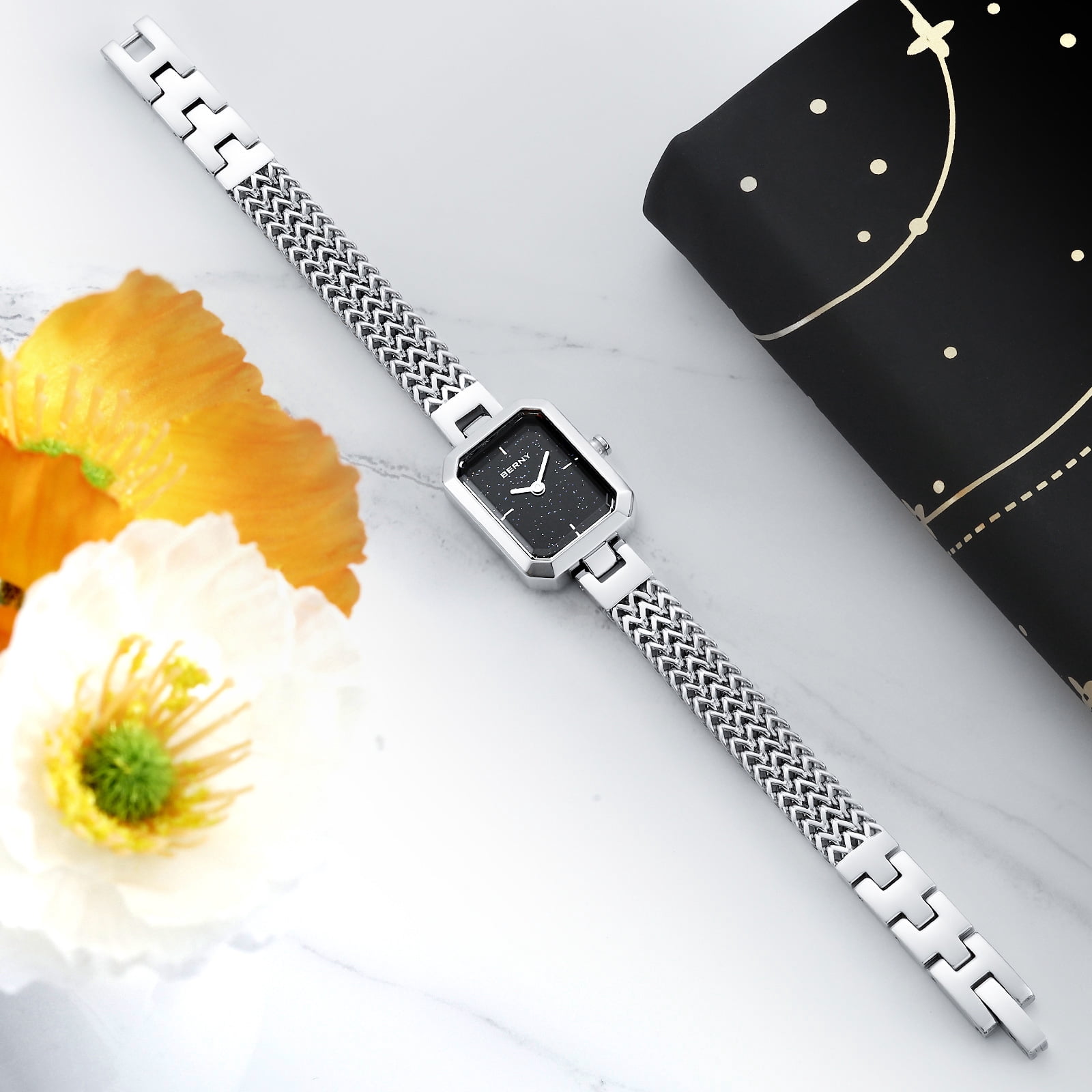 BERNY Small Silver Watches for Women, Dainty Minimalist Quartz Watch with Square Dial, Bracelet Band, Waterproof Watch Mother's Day Gift for Women (Black)