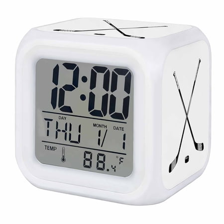 Alarm Clocks Hockey Player Digital Clock 7 Color LED Night Light Silent Non-Ticking Battery Operated Sports Ground White Cube Clocks Decorative for Bedroom Bedside Living Room Office School Decor