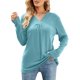thumbnail image 1 of Camiseta de manga larga con cuello en V para mujer, suave, transpirable, color puro, dobladillo suelto, blusas casuales, tops de moda para viajes, trabajo, azul, verde, L, 1 of 6