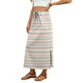 thumbnail image 4 of Womens Striped Print Maxi Skirt High-waisted Drawstring Swing Mid-length Side Slits Boho Beach Vacation Long Skirts Multicolor S, 4 of 6