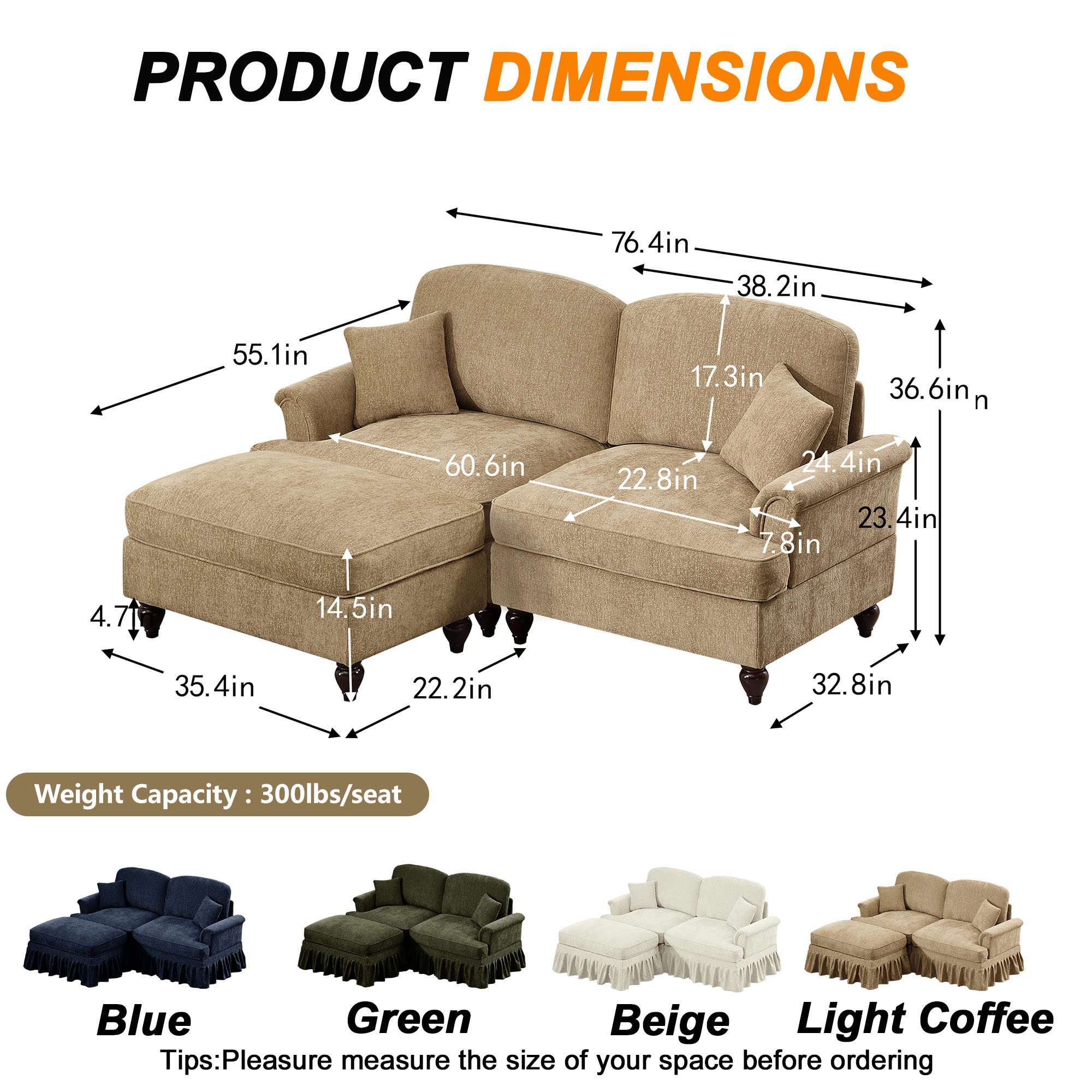 Firscook 76" Chenille Loveseat Sofa with Ottoman, L Shaped Couch for Living Room, Light Coffee