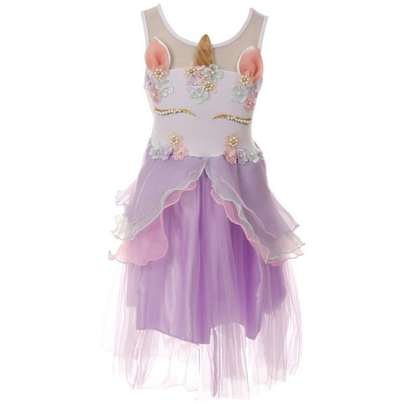 Toddler Girls Lovely Unicorn Pearl Tutu Tulle Birthday Party Flower Girl Dress Lilac 2T XS (P060818P)