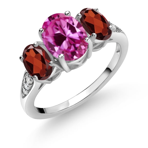 Gem Stone King 10K White Gold Pink Created Sapphire Red Garnet and White Lab Grown Diamond 3 Stone Engagement Ring for Women (2.83 Cttw, Gemstone Birthstone, Size 7)