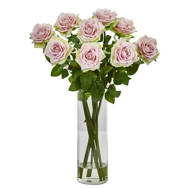 Nearly Natural 1798-LP Rose Artificial Arrangement in Cylinder Vase - Light Pink