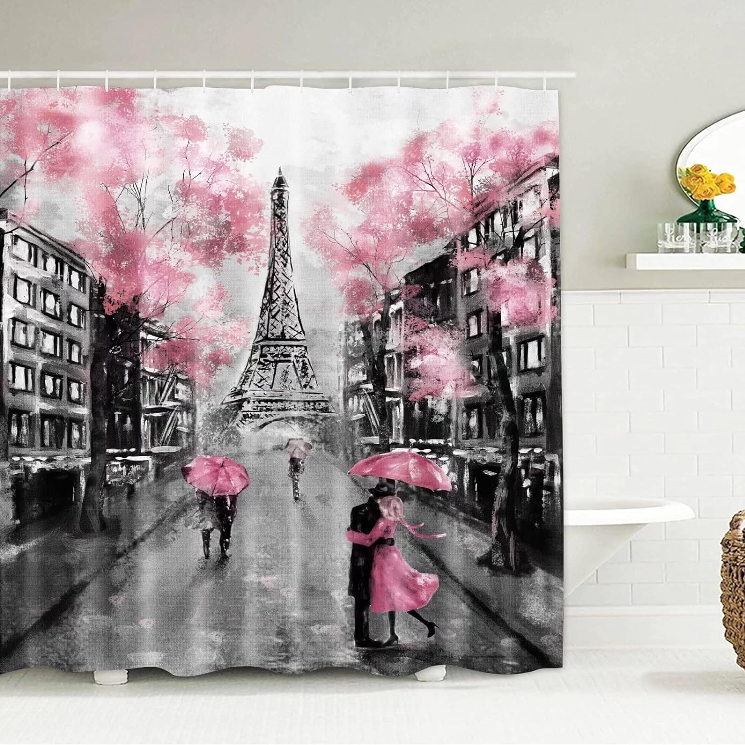 4Pcs Paris Eiffel Tower Pink Shower Curtain Sets Bathroom Set Decor with Non-Slip Rugs Bath U-Shaped Mat Toilet Lid Cover Waterproof Valentine Bathroom Curtains Shower Set with 12 Hooks