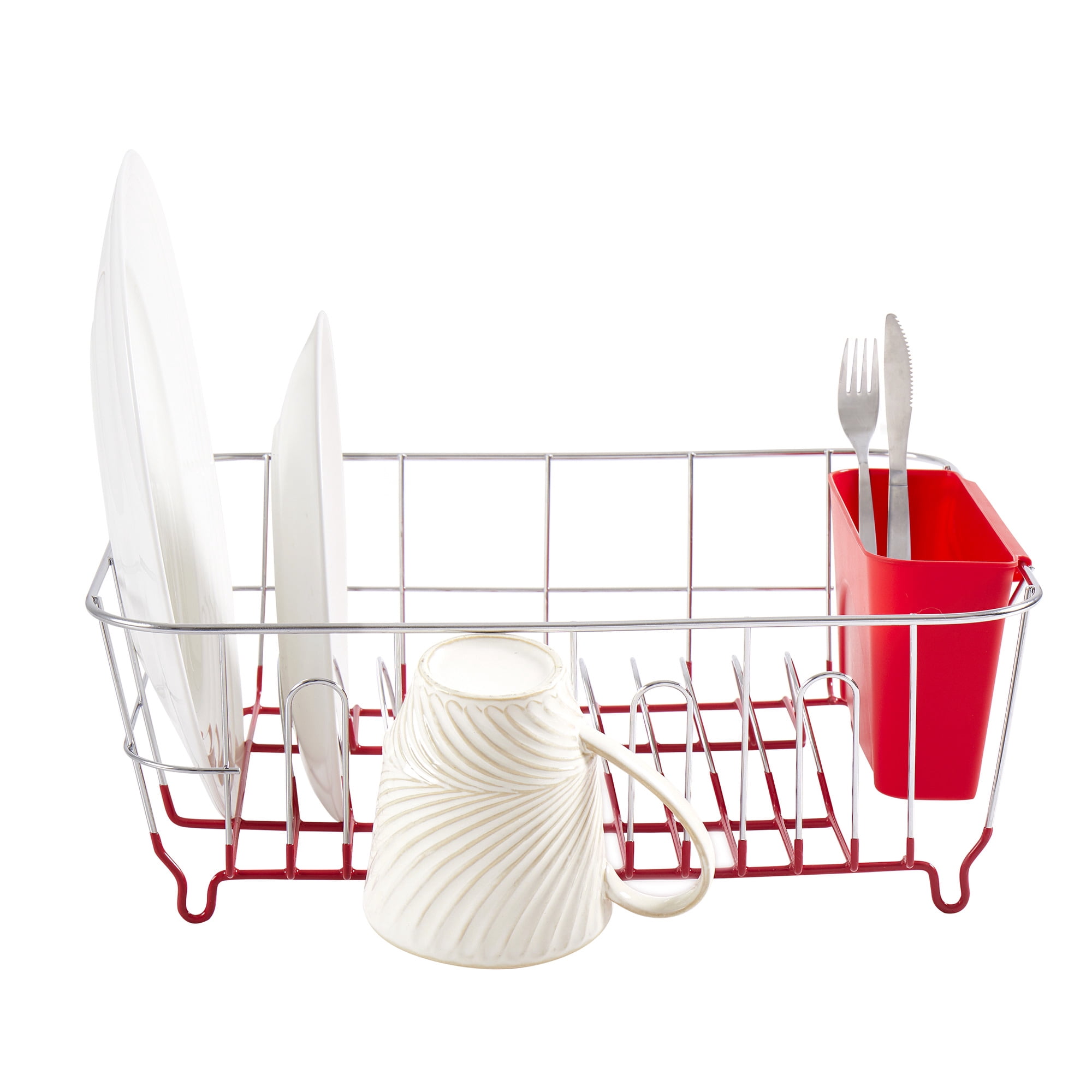 2 Piece Chrome Plated Steel Small Compact Dish Drainer, Red