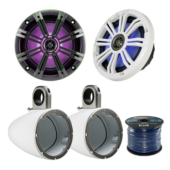 2x Kicker KM8 8-INCH Marine Coaxial Speakers, 2x Kicker KMTESW 8" Marine Speaker Enclosures (White), Enrock Audio Marine Grade Spool of 50 Foot 16-Gauge Speaker Wire