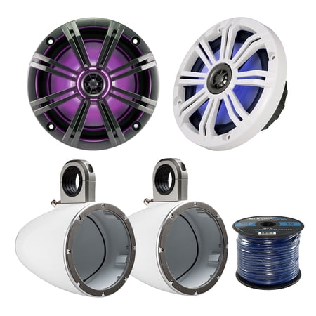 2x Kicker KM8 8-INCH Marine Coaxial Speakers 2x Kicker KMTESW 8 Marine Speaker Enclosures (White) Enrock Audio Marine Grade Spool of 50 Foot 16-Gauge Speaker Wire