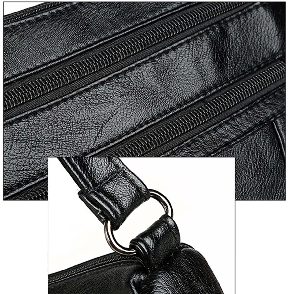 Women PU Shoulder Bag Multi-pocket Mother Solid Crossbody Handbag (Black)