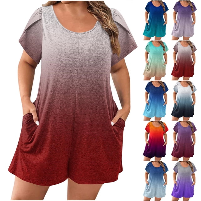 Combinaison pour Femmes, Grande Taille Manches Bouffantes Courte avec Poches Imprimées, Tenue Décontractée Col Rond Tendance, Vacances d'Été, Couverture de Plage, Tenue de Détente, Violet TG