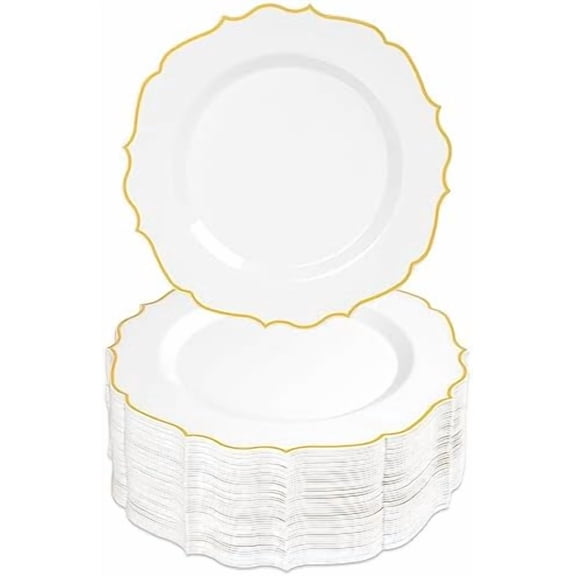 100 PCS Gold Dessert Plastic - 7.5 inch White & Gold Plastic for Party Cake Plates Elegant Heavy Duty Disposable Plates for Wedding & Party