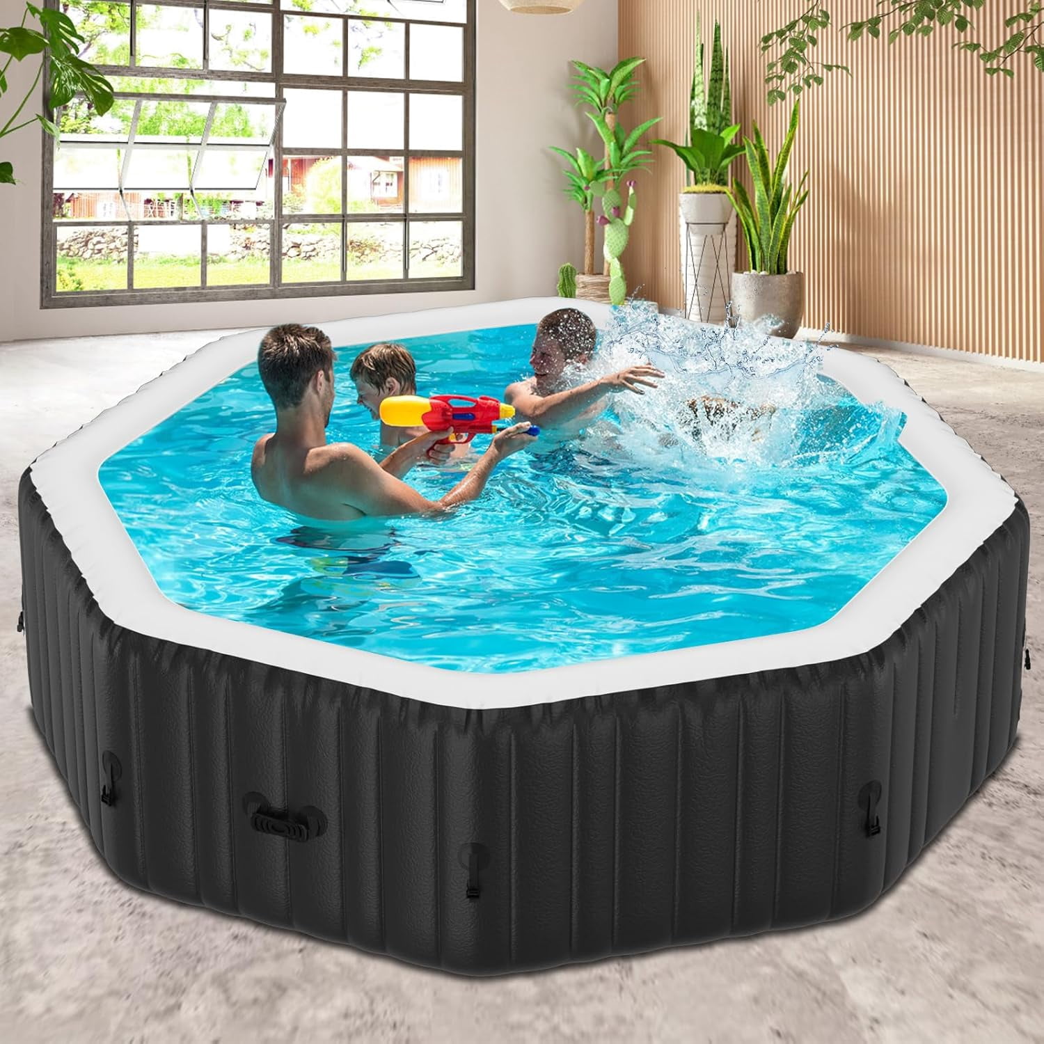 77" X 77" X 25" Inflatable Hot Tub for 4-6 Person Polygon, 240 Gallon Large Portable Hottub Spa with 130 Bubble Air Jets, Blow Up Spa Bathtub with LED Control Panel, 2 Filter, Temperature up to 104°F