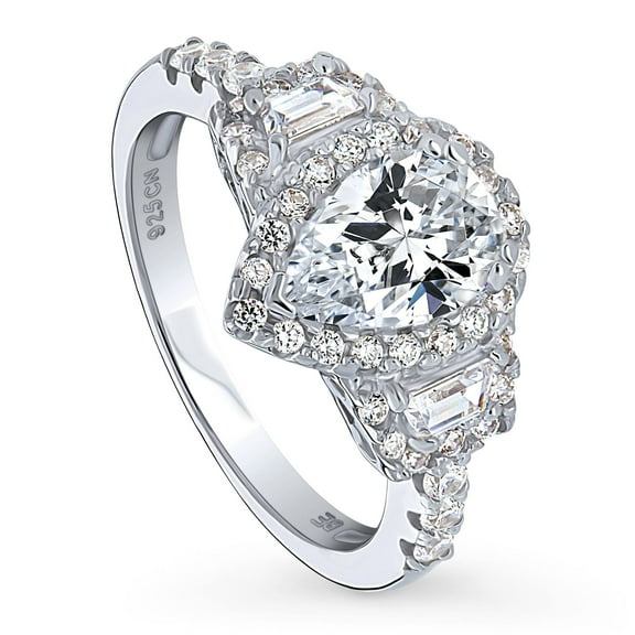 BERRICLE Sterling Silver 3-Stone Wedding Engagement Rings 1.3 Carat Pear Cut Cubic Zirconia CZ Halo Ring for Women, Rhodium Plated Size 8.5