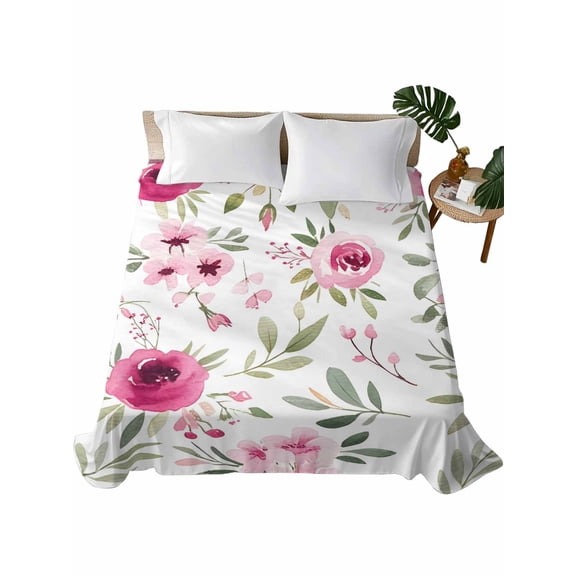 Queen Flat Sheet 90"x102", Pink Roses Soft Lightweight Bedding Flat Sheets Only, Romantic Flowers Leaves Vintage Country Brushed Microfiber Top Bed Sheet, Breathable StainResistant Bedsheets
