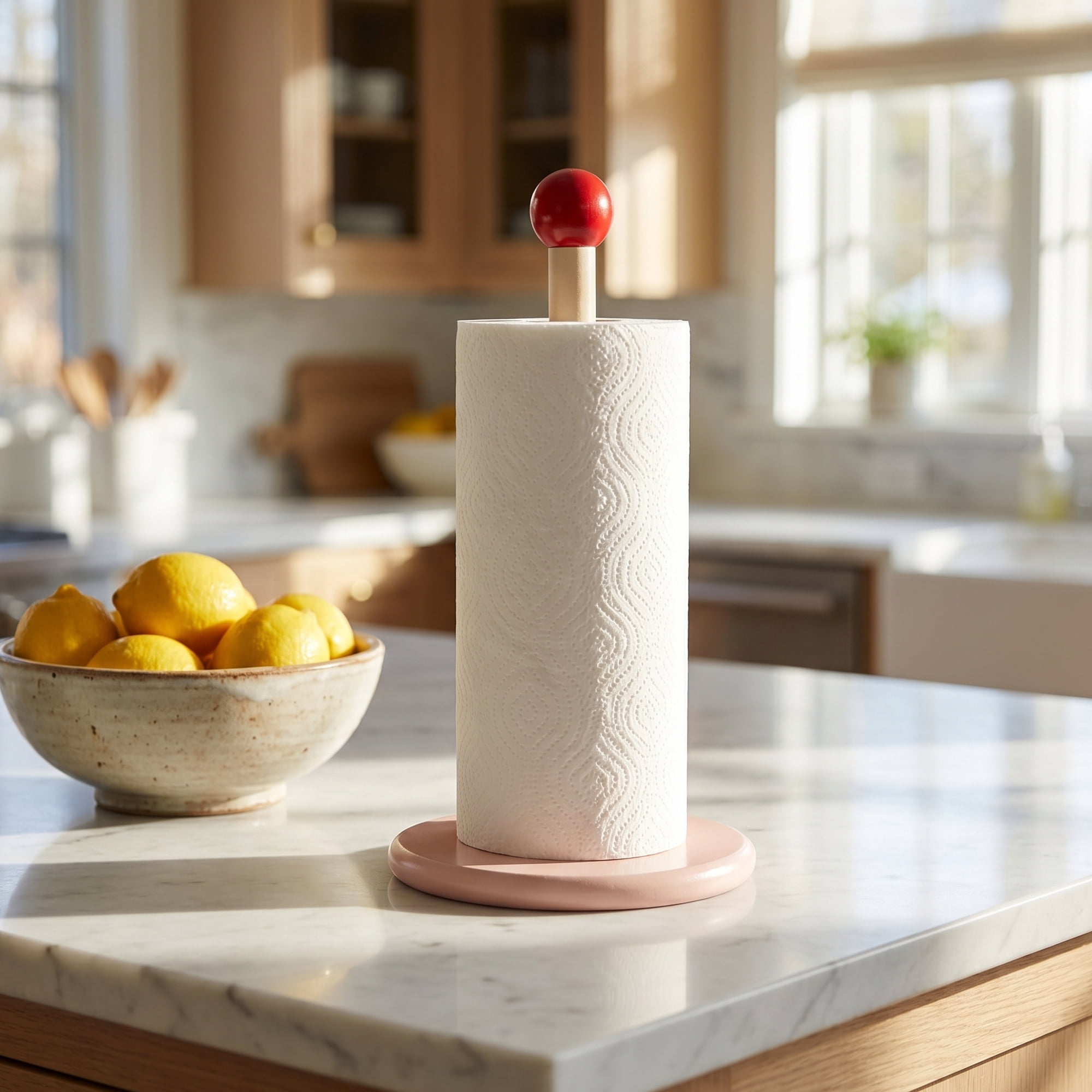 Unique Bargains Paper Towel Holder Countertop Weighted Base Dispenser Wood Pink 12x5.9in