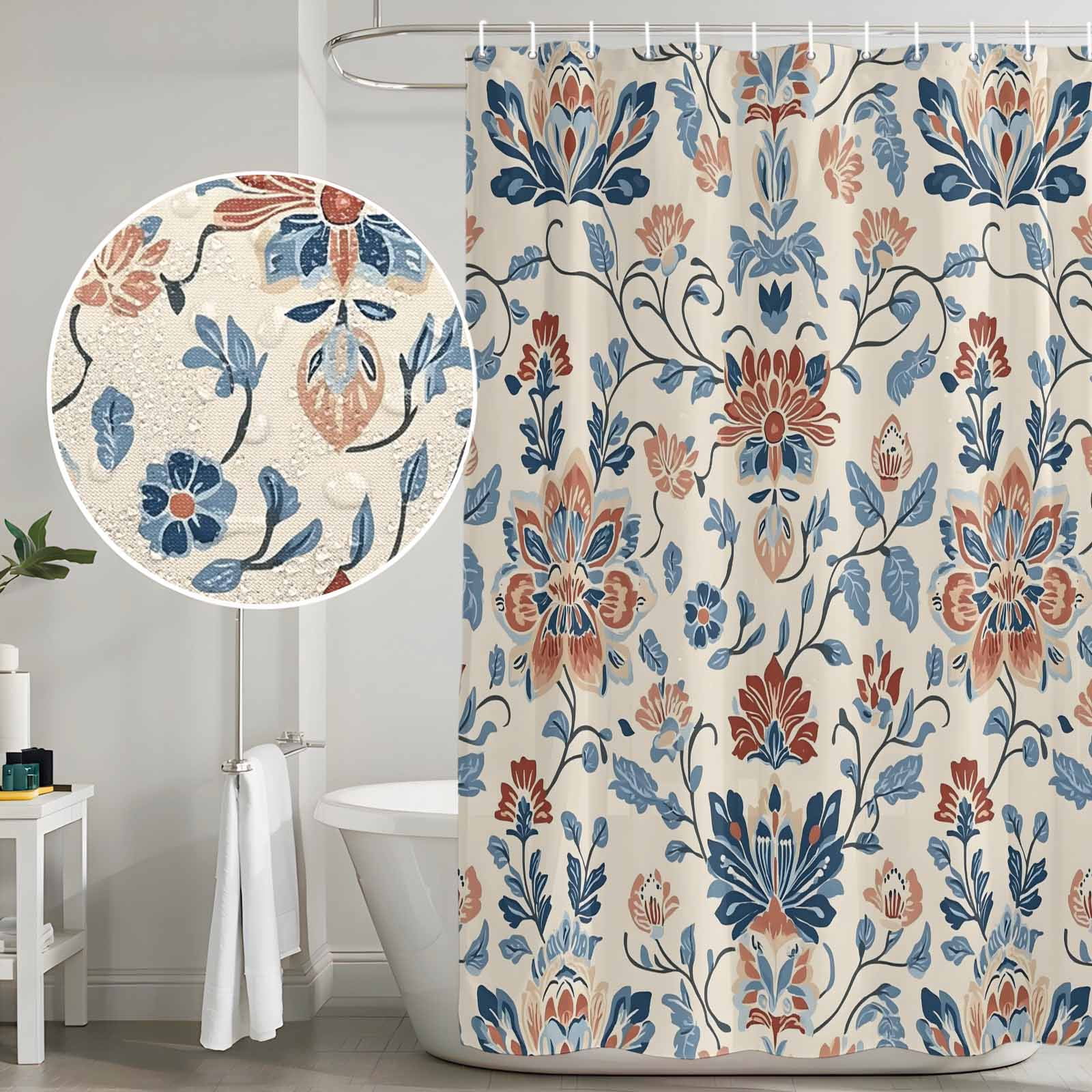 Shower Curtain Bathroom Set Boho Abstract Flower Botanical Waterproof Fabric Shower Curtains with Grommets&Hooks, Retro Ombre Blue Floral Privacy Bath Curtain for Bathtub 72x84in