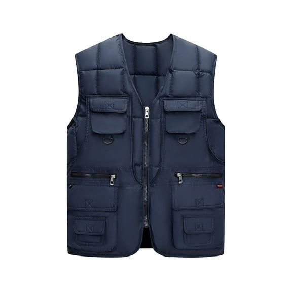 comerut Men Waistcoat V-Neck Sleeveless Zipper Placket Vest Coat with Multi Pockets Solid Color Windproof Warm Down Vest Jacket