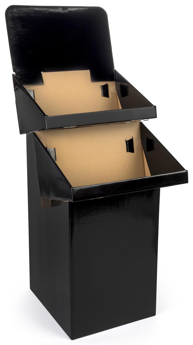 2Tier Display Bin with Optional Header, Black Corrugated Cardboard