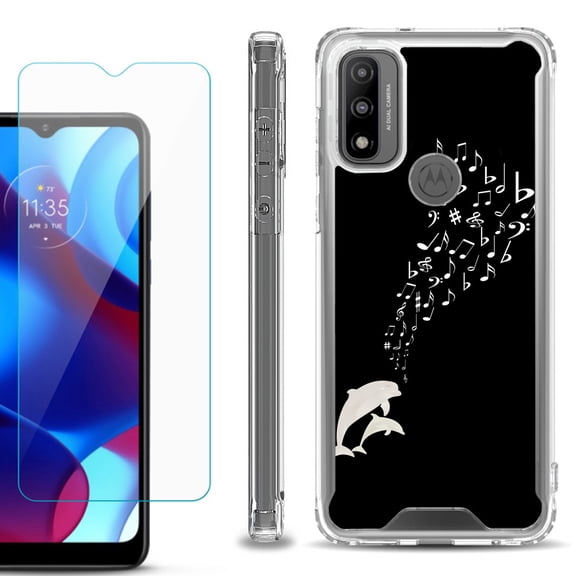 Shockproof Bumper Phone Case for Motorola Moto G Pure, with Tempered Glass Screen Protector, by OneToughShield ® - Dolphin Music