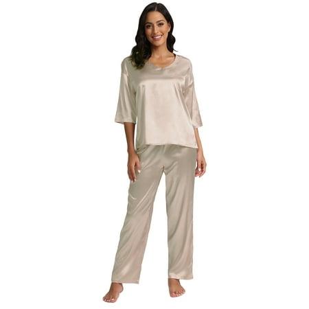 

Women s Summer Satin Pajama Set Short Sleeve V Neck T-shirt with Long Pants 2 Piece Sleepwear Loungewear Pjs Set Soft PJs S-2XL