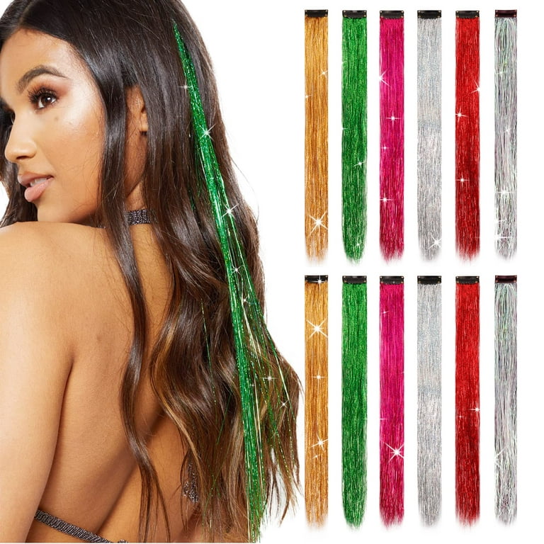6pcs/set Clip in Hair Tinsel Kit 20 inch Heat Resistant Glitter Tinsel Hair Extensions, Human Hair Extensions Fairy Hair Sparkle Strands Festival