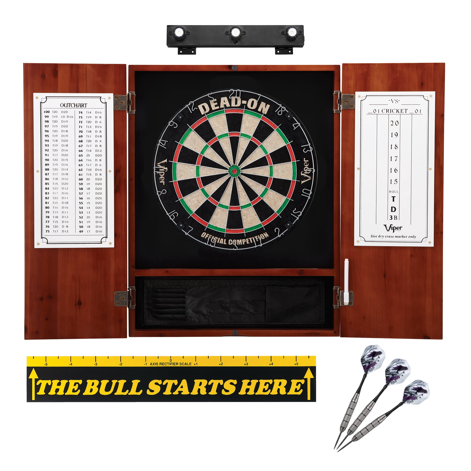 Viper Dead On Sisal Dartboard, Metropolitan Cinnamon Cabinet, Shadow Buster Dartboard Lights & "The Bull Starts Here" Throw Line Marker