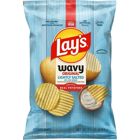 Lay's Wavy Potato Chips Lightly Salted Snack Chips, 7.5 Ounce Bag