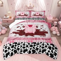 jejeloiu Pink Kawaii Pig Bedding Comforter Set,Milk Cow Pattern Twin Comforter Sets,Cute Polka Dots Bowtie Bedding Set For Girls Boys,Microfiber Bedroom Decor,2-Piece