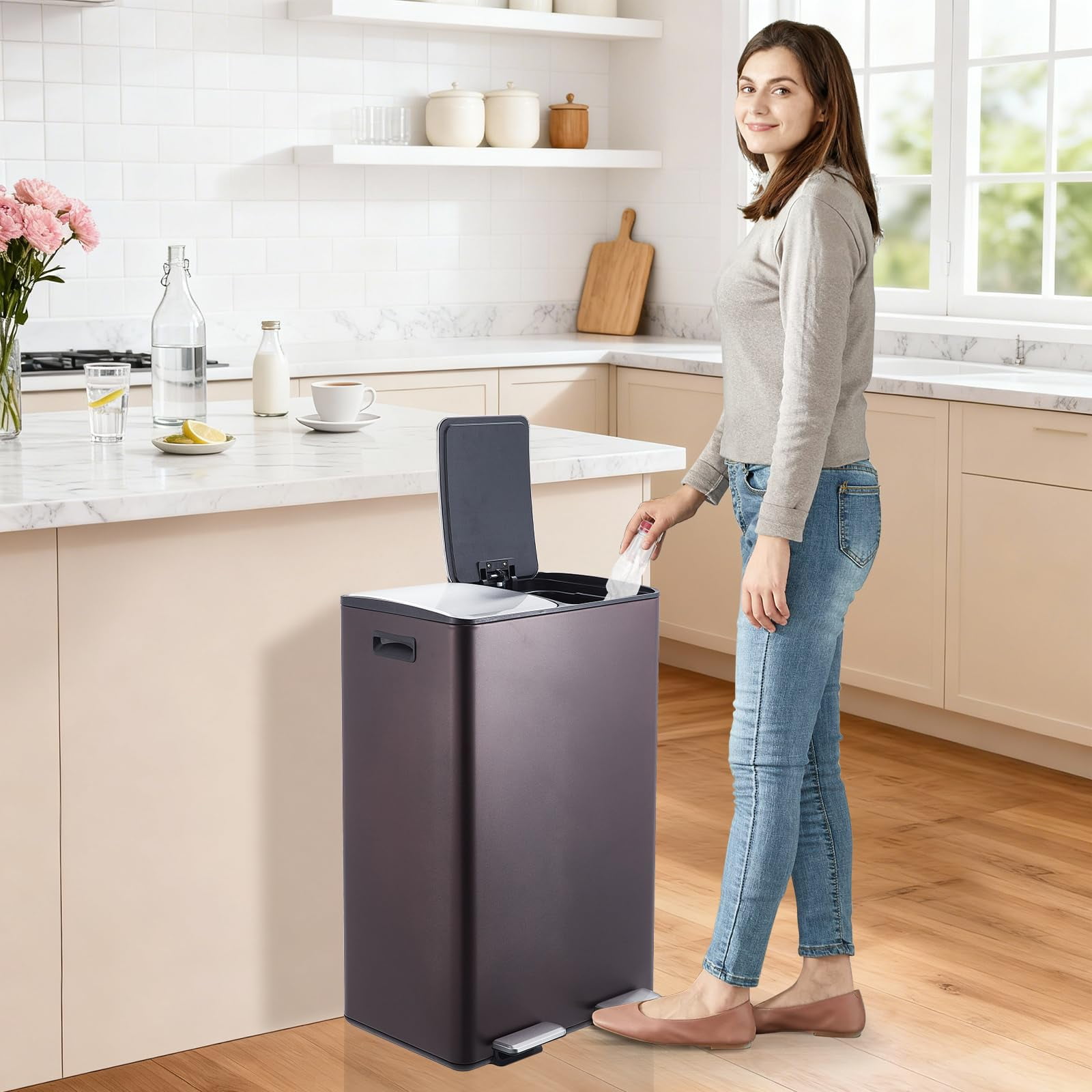 Dual Trash Can, 16 Gal (2 x 30 l) Kitchen Garbage Can with Lid and Inner Bucket, Double Compartment Trash and Recycle Bin Combo with Step Pedal