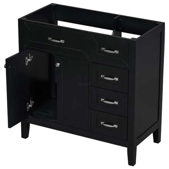 JERFIT 36 inch Modern Freestanding Bathroom Vanity Base Only with 2 Doors & 3 Drawers, Black Cabinet for Undermount or Drop-in Sink