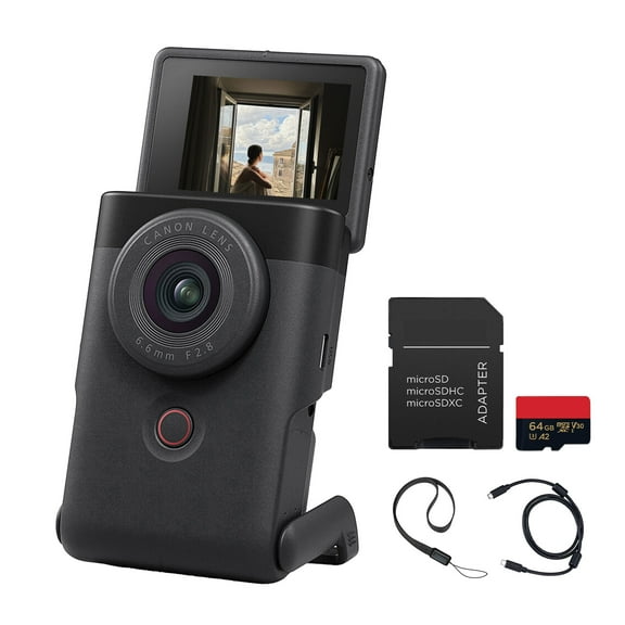 Canon PowerShot V10 Vlog Camera – Compact 4K Vlogging Camera with Built-In Stand, Mics & Flip Screen (Black) (5947C002) Shoulder Bag 64GB Memory Card