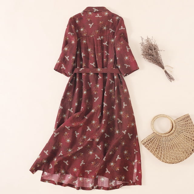 Jusqu'à 65 % de Rabais! Robes d'Été Mode pour Femmes 2024 Grande Taille Manches Mi-Longues Coton Lin Chemise à Fleurs Robe à Col à Revers Ample à Boutons à Bretelles Robe d'Été