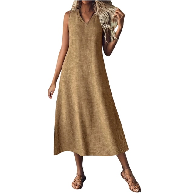 Mgmyaa Robe Longue Décontractée pour Femmes Été Sans Manches Col en V Robe Maxi Fête Mariage Vacances Plage Robe d'Été