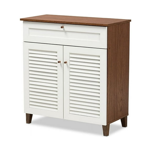 Coolidge Modern White and Walnut Finished 4-Shelf Wood Shoe Storage Cabinet with Drawer