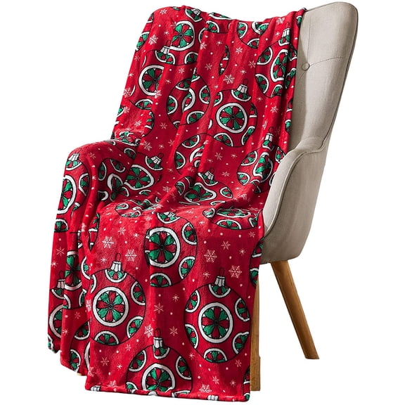 Serafina Home Christmas Holiday Ornament Throw Blanket: Decorative Circles and Snowflakes, Soft Cozy Accent for Sofa Couch Chair Bed or Dorm, Red Green White (Christmas Cheer)