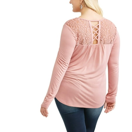 Junior Plus Lattice Lace Back Long Sleeve Top