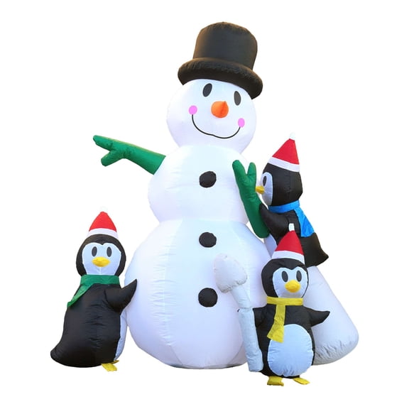 G128 8 ft H Snowman with Three Penguins Christmas Inflatable Decor with LED Lights, Christmas Outdoor Holiday Yard Decoration, Fast Inflate, Weather-Resistant, Outdoor Use