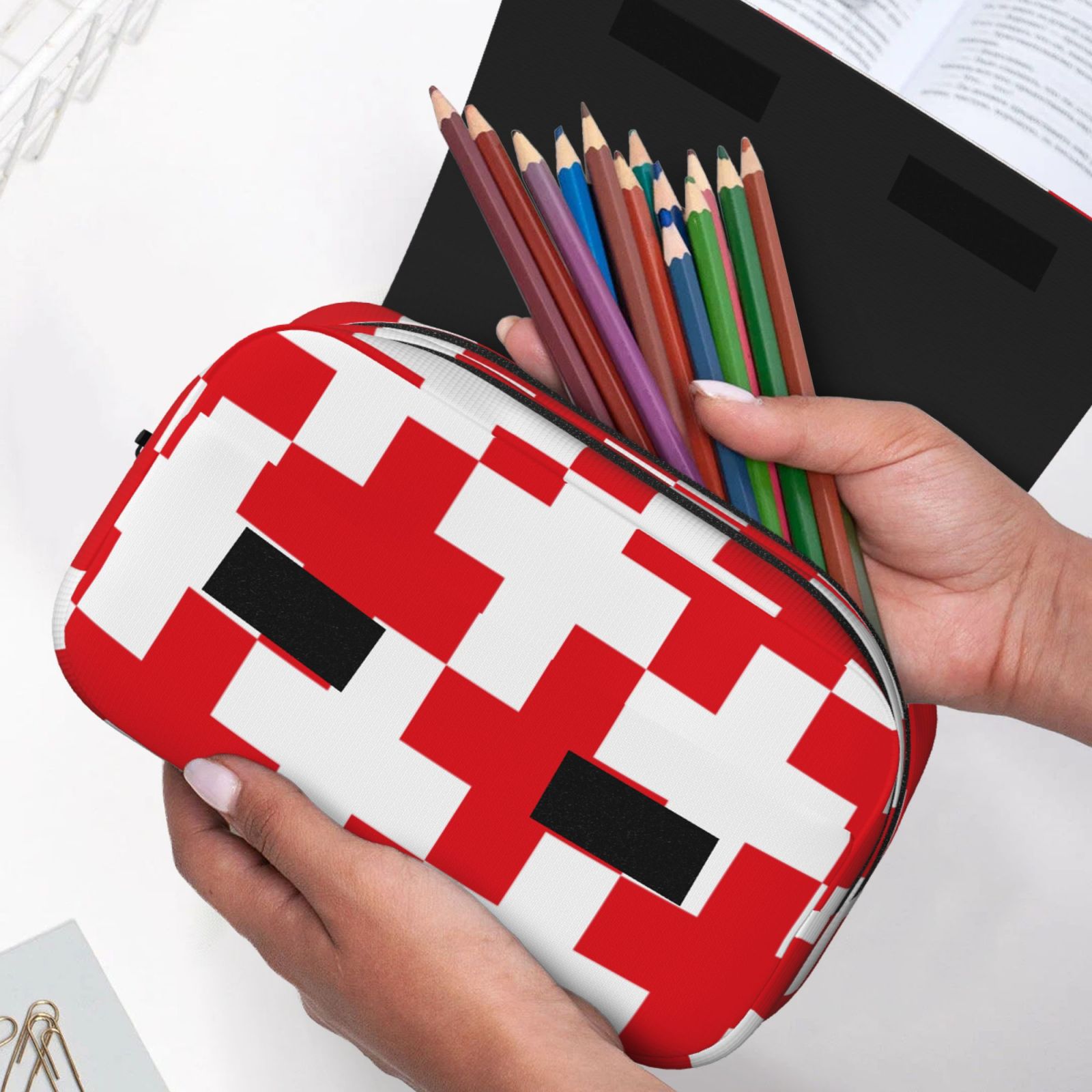 Rateoe Red Cross 1 Pattern Double Clamshell Pen Case, Storage Organizer with Two Zipper Compartments– Holds Up to 50 Pencils & Pens
