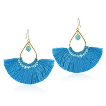 Chic Fan Shaped Blue Tassels with Turquoise Bead Accent Brass Dangle Earrings
