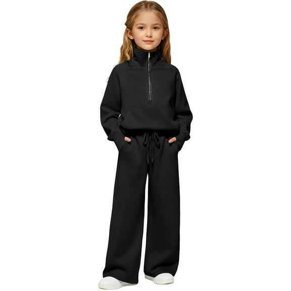 Mercatoo Girls Half Zip Tracksuit, Fleece Pullover and Wide Leg Sweatpants Set, Sporty Casual Outfit for Fall Winter and School Wear