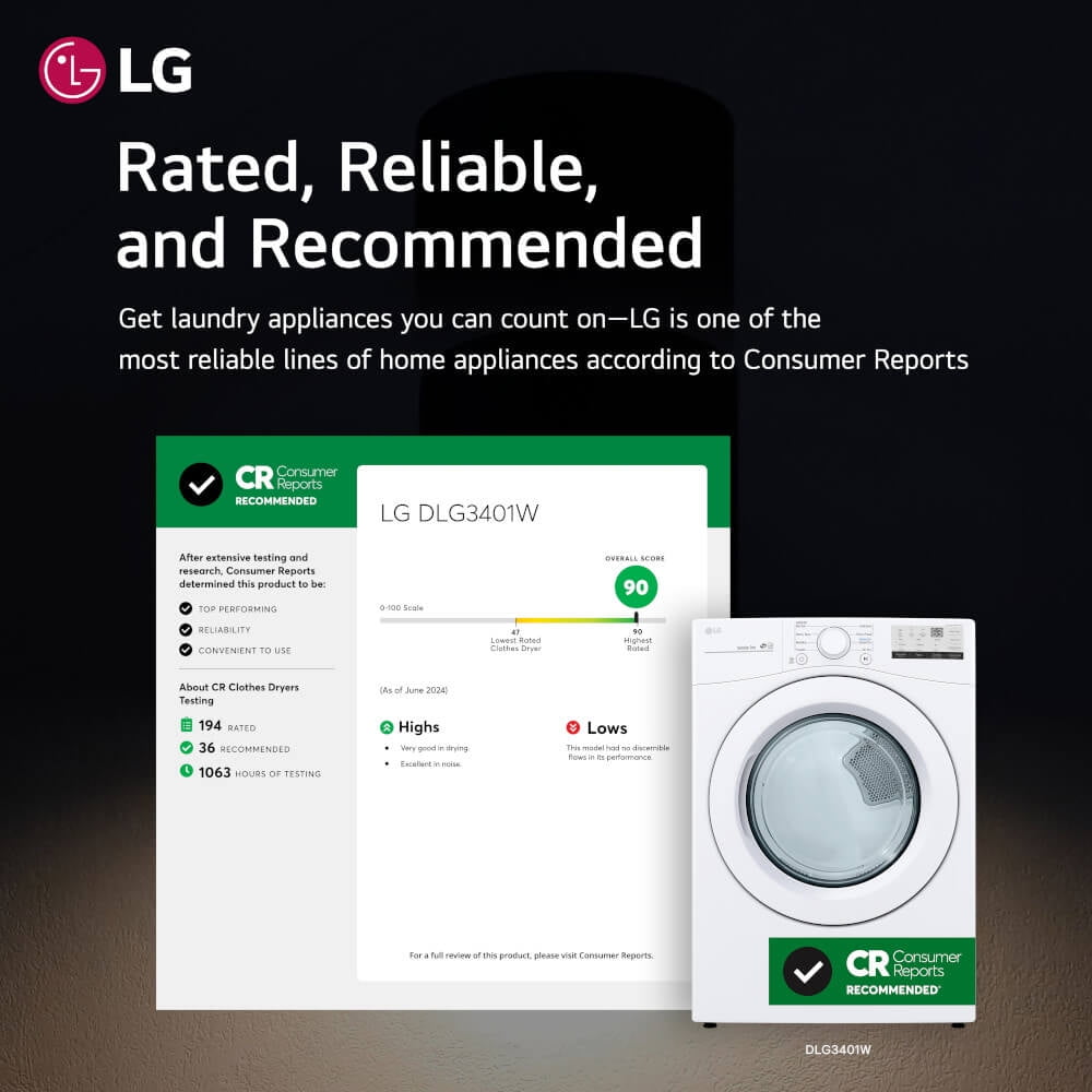 LG DLG3401W 7.4 Cu. Ft. White Front Load Gas Dryer