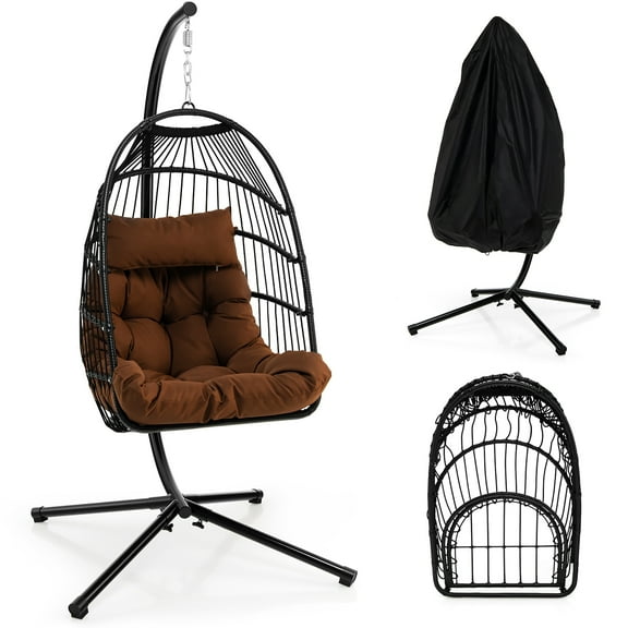 Gymax Swing Egg Chair Hanging Basket Chair w/Stand Waterproof Cover & Cushion Brown