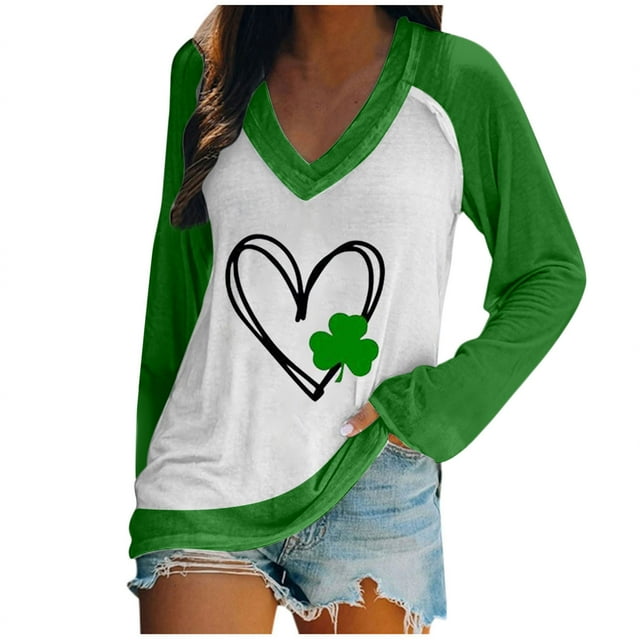 Pompotops Blouse Décontractée pour Femmes Imprimée pour la Saint-Patrick Manches Longues Col en V