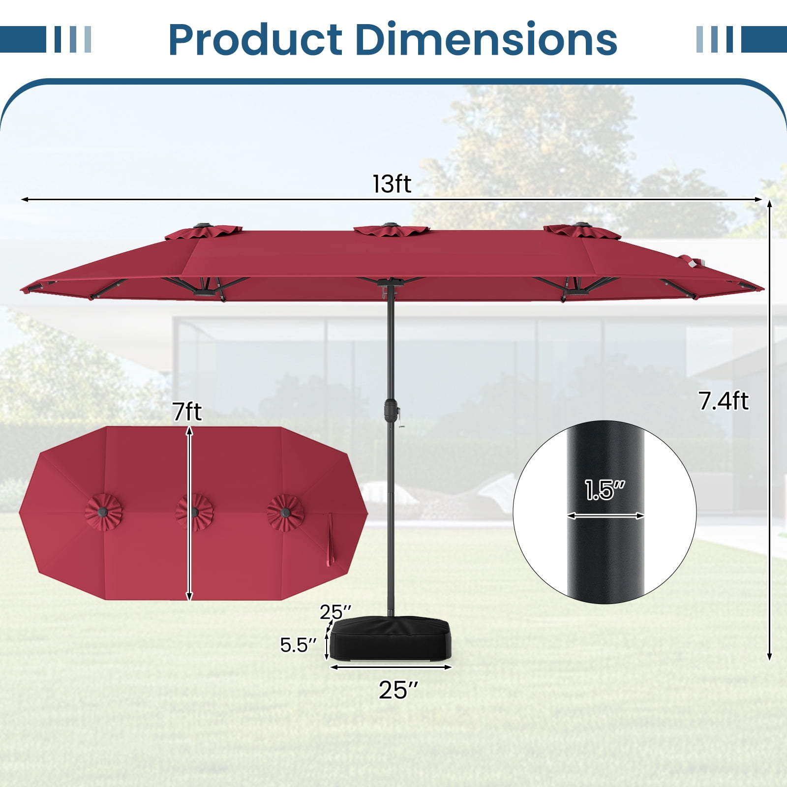 Costway 13FT Double-sided Patio Umbrella with Solar Lights Crank Handle Umbrella Base Wine