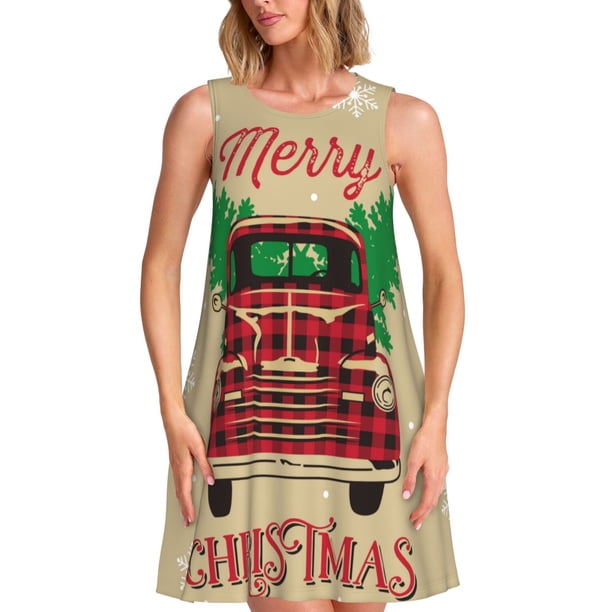 Fotbe Christmas Vintage Red Truck Vestido de Verano sin Mangas para Mujer – Vestido Midi Línea A, Estilo Camiseta Floral, Vestido Playero Casual y Fluido